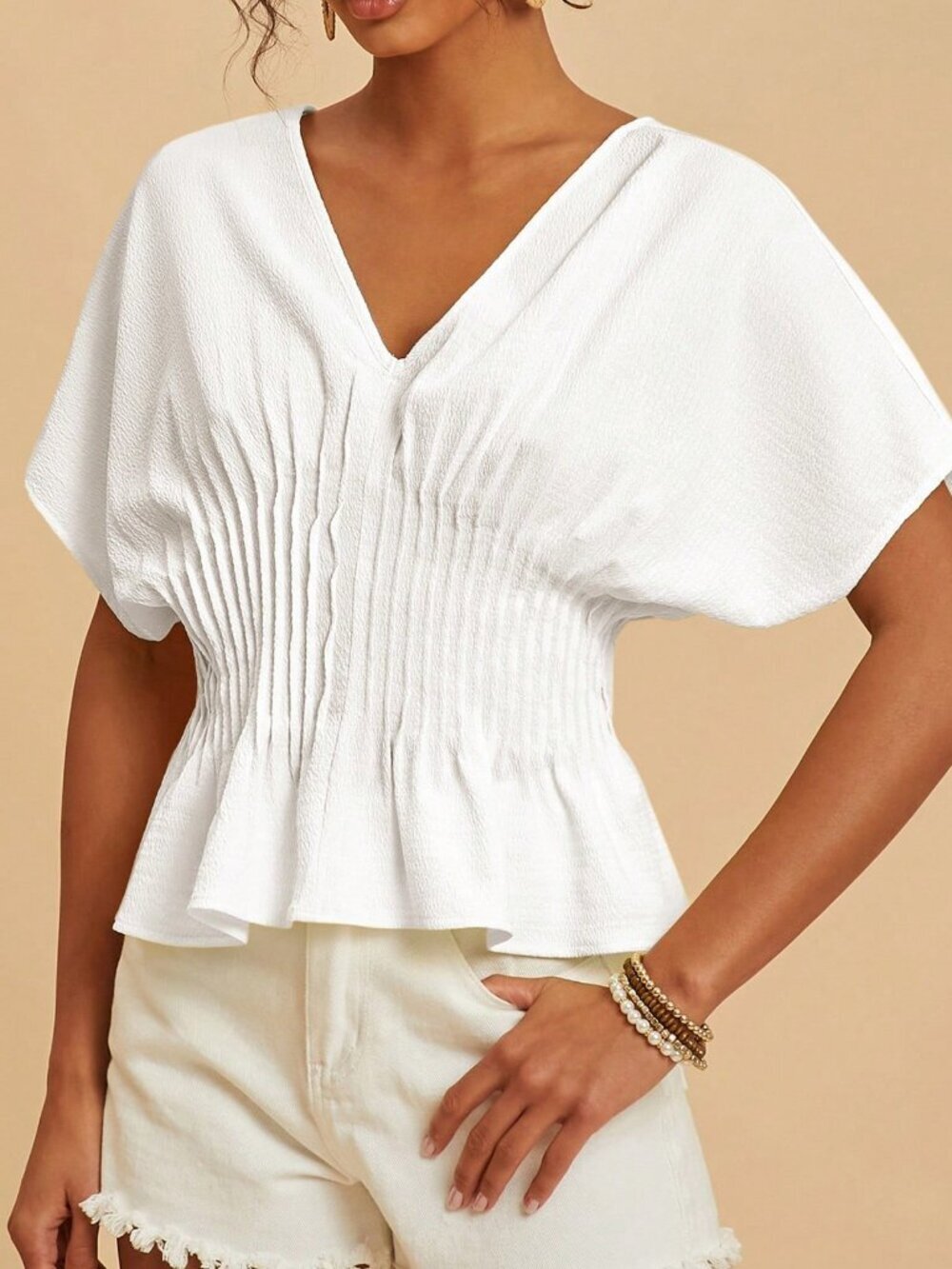 White Casual Women's Elegant Ruffle V-Neck Batwing Sleeve Top